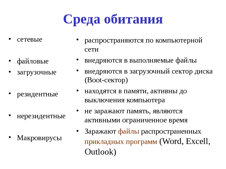 Среда обитания • сетевые • файловые • загрузочные • резидентные • нерезидентные • Макровирусы