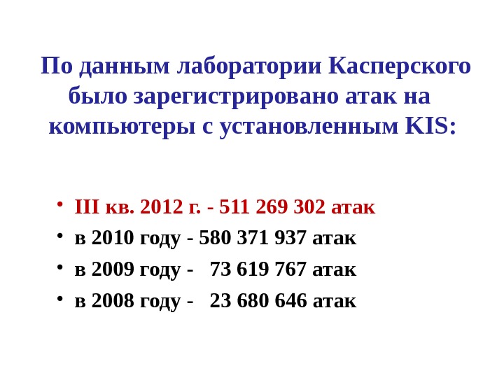 По данным лаборатории Касперского было зарегистрировано атак на  компьютеры с установленным KIS :