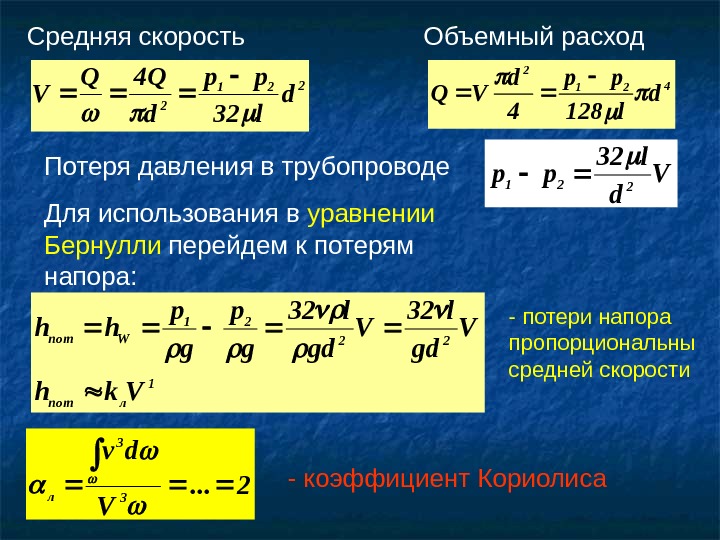   Средняя скорость Объемный расход Потеря давления в трубопроводе Для использования в уравнении