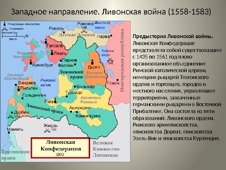 Западное направление. Ливонская война (1558 -1583) Предыстория Ливонской войны. Ливонская Конфедерация представляла собой существовавшее