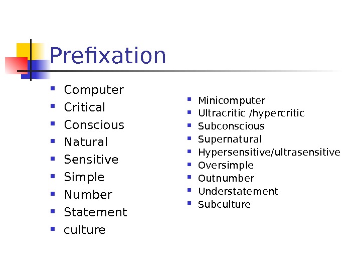 Prefixation Computer Critical Conscious Natural Sensitive Simple Number Statement culture Minicomputer Ultracritic /hypercritic Subconscious