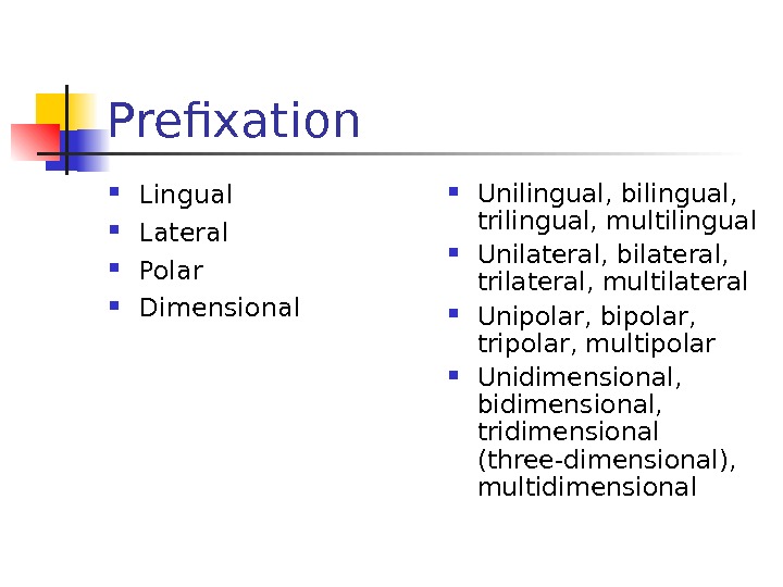 Prefixation Lingual  Lateral  Polar  Dimensional  Unilingual, bilingual,  trilingual, multilingual