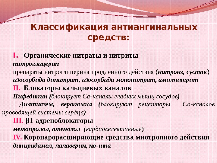 Классификация антиангинальных средств: I. Органические нитраты и нитриты нитроглицерин препараты нитроглицерина продленного действия (