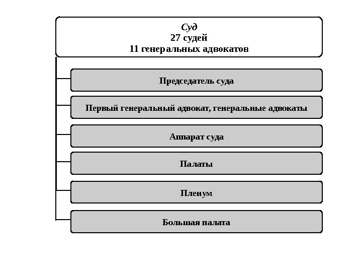 Суд 27 судей 11 генеральных адвокатов Председатель суда Первый генеральный адвокат, генеральные адвокаты Аппарат