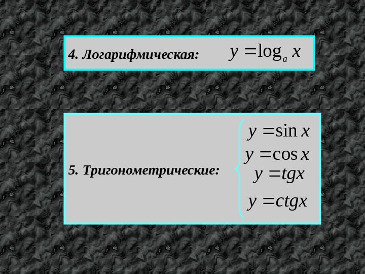 4. Логарифмическая:  xy alog 5. Тригонометрические:  xysin xycos tgxy ctgxy 