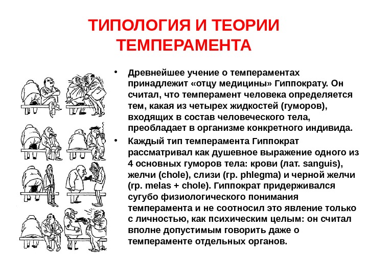ТИПОЛОГИЯ И ТЕОРИИ ТЕМПЕРАМЕНТА • Древнейшее учение о темпераментах принадлежит «отцу медицины» Гиппократу. Он