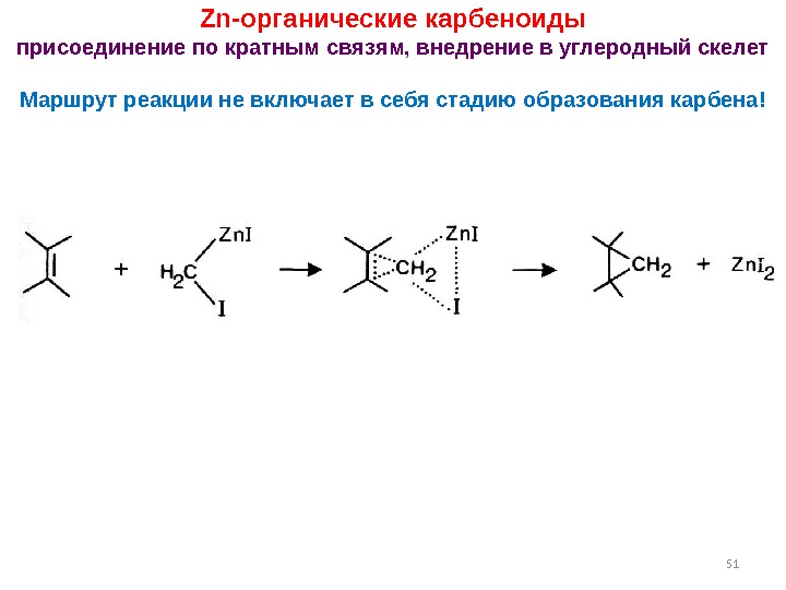 51 Zn- органические карбеноиды присоединение по кратным связям, внедрение в углеродный скелет Маршрут реакции