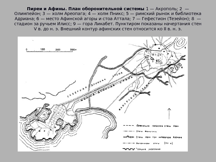Пиреи и. Афины. План оборонительной системы 1— Акрополь; 2— Олимпейон; 3— холм Ареопага; 4—