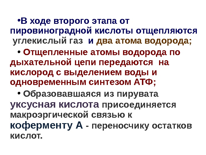  • В ходе второго этапа от пировиноградной кислоты отщепляются  углекислый газ 