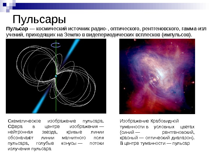   Пульсары Пульсар — космический источник радио-, оптического, рентгеновского, гамма-изл учений, приходящих на