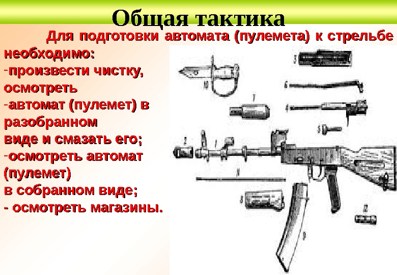 Общая тактика  Для подготовки автомата (пулемета) к стрельбе необходимо: - произвести чистку, 