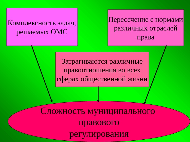 Сложность муниципального правового регулирования. Комплексность задач, решаемых ОМС Затрагиваются различные правоотношения во всех сферах