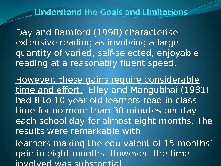 Understand the Goals and Limitations Day and Bamford (1998) characterise extensive reading as involving