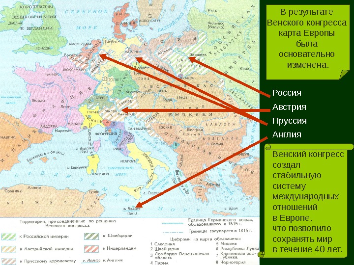   Россия Австрия Пруссия Англия В результате Венского конгресса карта Европы была основательно