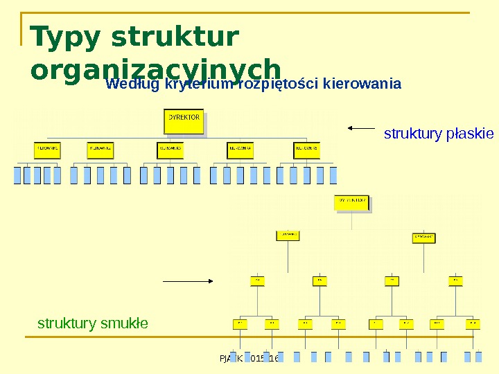 PJATK 2015/16 Typy struktur organizacyjnych Według kryterium rozpiętości kierowania struktury płaskie struktury smukłe 