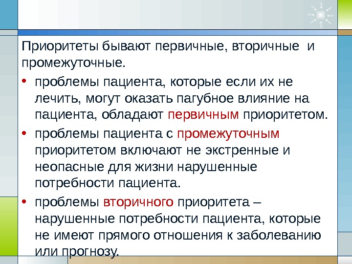 Приоритеты бывают первичные, вторичные и промежуточные.  • проблемы пациента, которые если их не