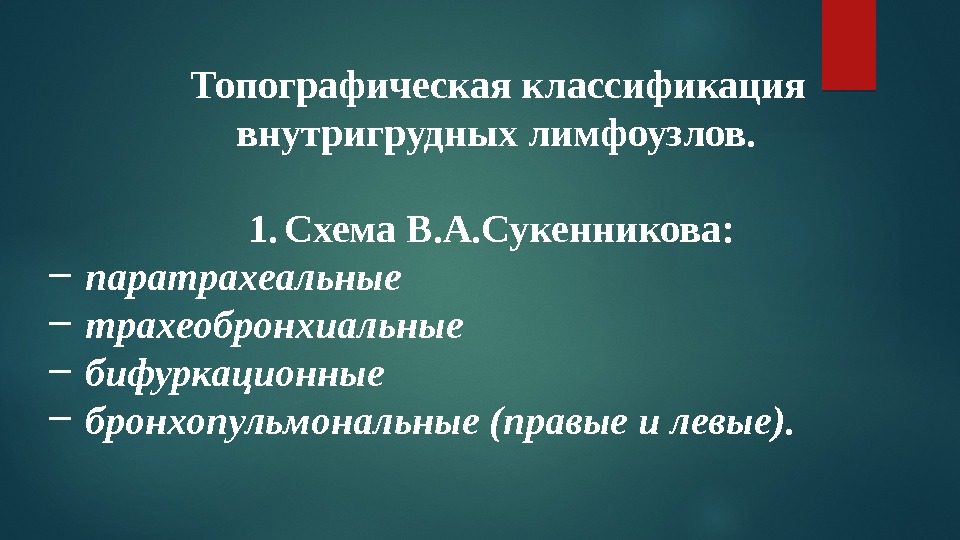  Топографическая классификация внутригрудных лимфоузлов. 1. Схема В. А. Сукенникова:  – паратрахеальные 