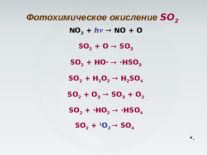 Фотохимическое окисление SO 2 NO 2 + h NO + O SO 2 +