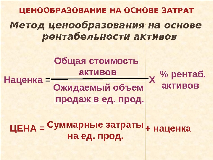 ЦЕНООБРАЗОВАНИЕ НА ОСНОВЕ ЗАТРАТ Метод ценообразования на основе рентабельности активов Наценка =  Общая