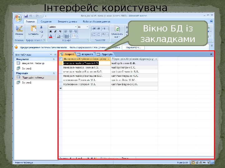 Інтерфейс користувача Вікно БД із закладками  