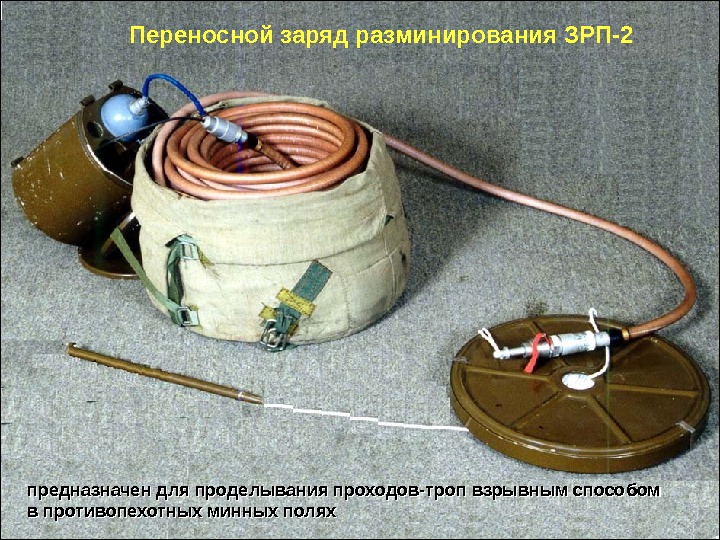 предназначен для проделывания проходов-троп взрывным способом в противопехотных минных полях Переносной заряд разминирования ЗРП-2
