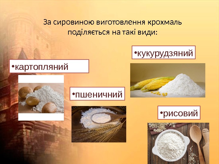 За сировиною виготовлення крохмаль поділяється на такі види:  • картопляний • пшеничний •