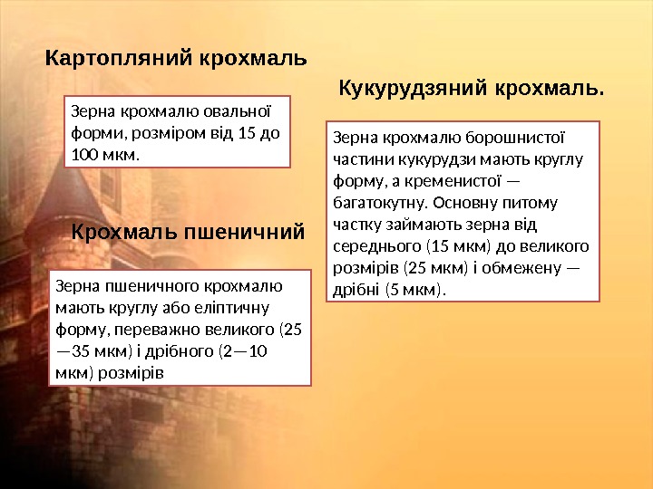 Картопляний крохмаль Зерна крохмалю овальної форми, розміром від 15 до 100 мкм. Кукурудзяний крохмаль.