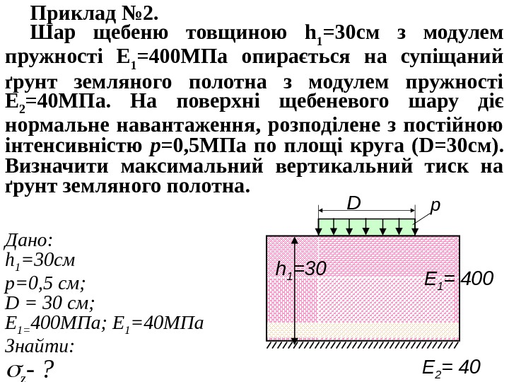 Приклад № 2. Шар щебеню товщиною h 1 =30 см з модулем пружності Е