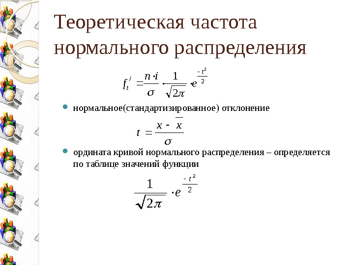 Теоретическая частота нормального распределения нормальное(стандартизированное) отклонение ордината кривой нормального распределения – определяется по таблице
