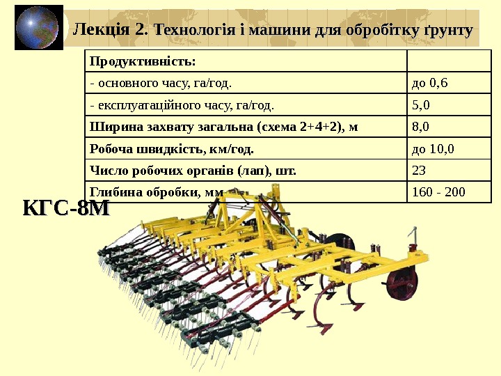 КГСКГС -8 М-8 М Лекція 2.  Технологія і машини для обробітку ґрунту Продуктивність: