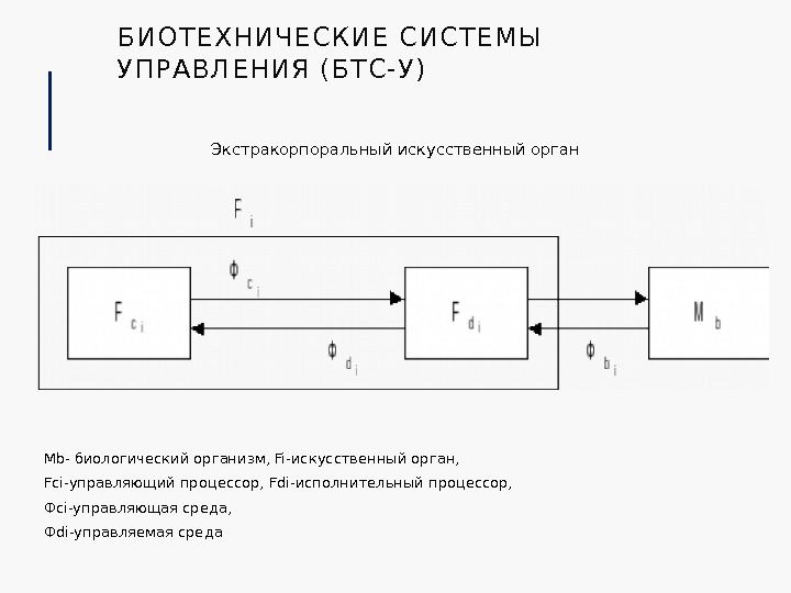 БИОТЕХНИЧЕСКИЕ СИСТЕМЫ  УПРАВЛЕНИЯ (БТС-У) Экстракорпоральный искусственный орган Мb- биологический организм, Fi-искусственный орган, 