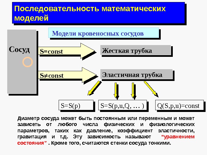 Последовательность математических моделей  Модели кровеносных сосудов Сосуд Жесткая трубка Эластичная трубка. S=const S=S(p)