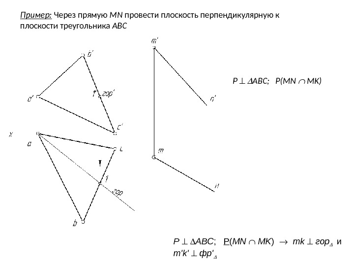 Пример:  Через прямую MN провести плоскость перпендикулярную к плоскости треугольника ABC P 
