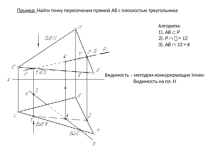 Пример:  Найти точку пересечения прямой АВ с плоскостью треугольника Алгоритм: 1).  АB