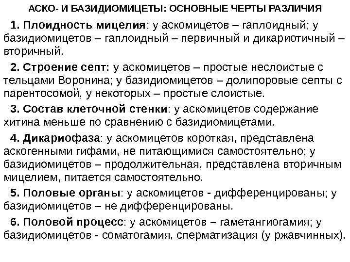   АСКО- И БАЗИДИОМИЦЕТЫ: ОСНОВНЫЕ ЧЕРТЫ РАЗЛИЧИЯ 1. Плоидность мицелия : у аскомицетов