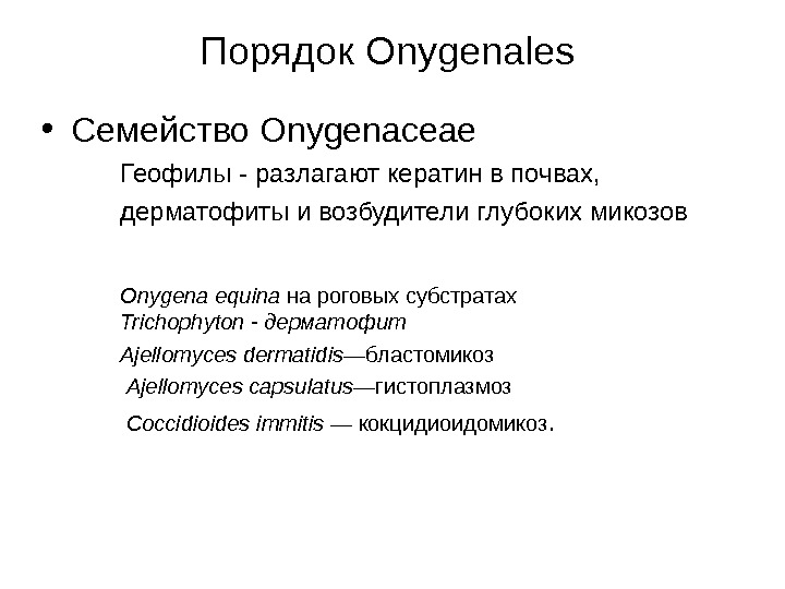   Порядок Onygenales • Семейство Onygenaceae Геофилы - разлагают кератин в почвах, дерматофиты