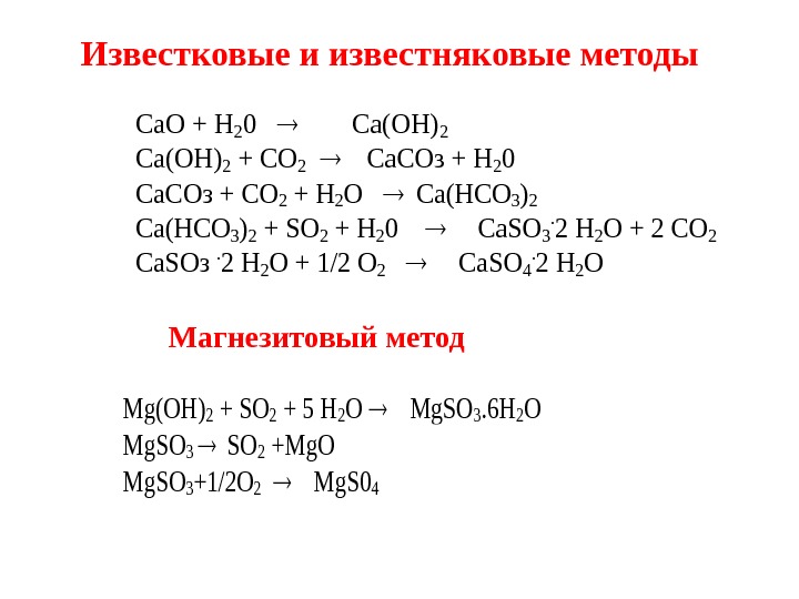 Известковые и известняковые методы Магнезитовый метод. Са. О + Н 20   Са(ОН)2