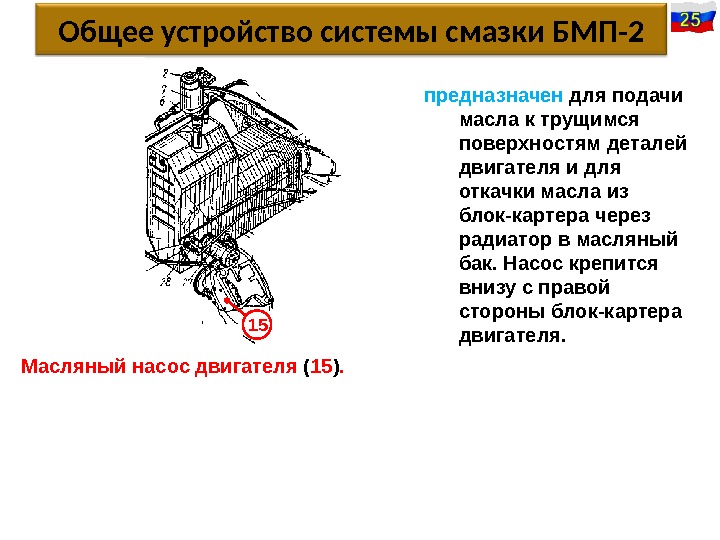 30 15 Общее устройство системы смазки БМП-2 предназначен для подачи масла к трущимся поверхностям