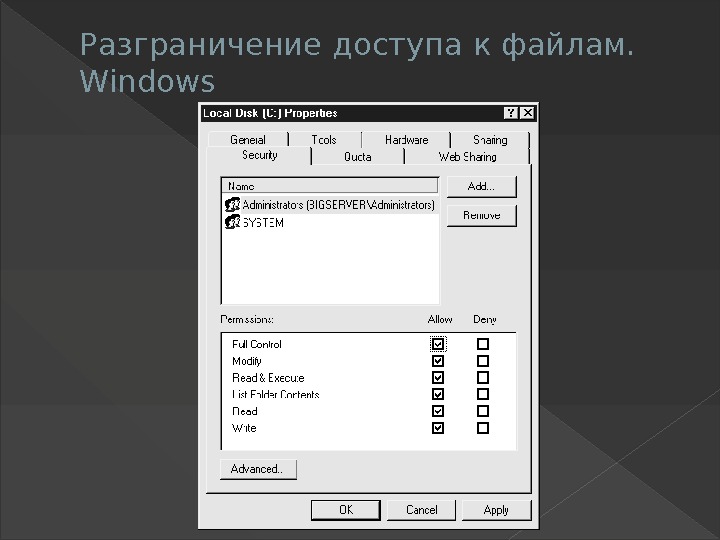 Разграничение доступа к файлам.  Windows 