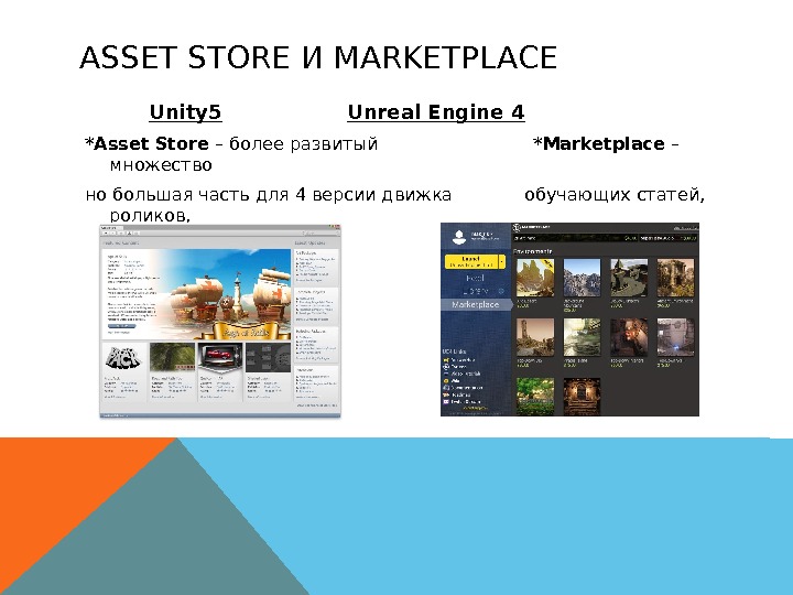 ASSET STORE И MARKETPLACE  Unity 5 Unreal Engine 4  *Asset Store –