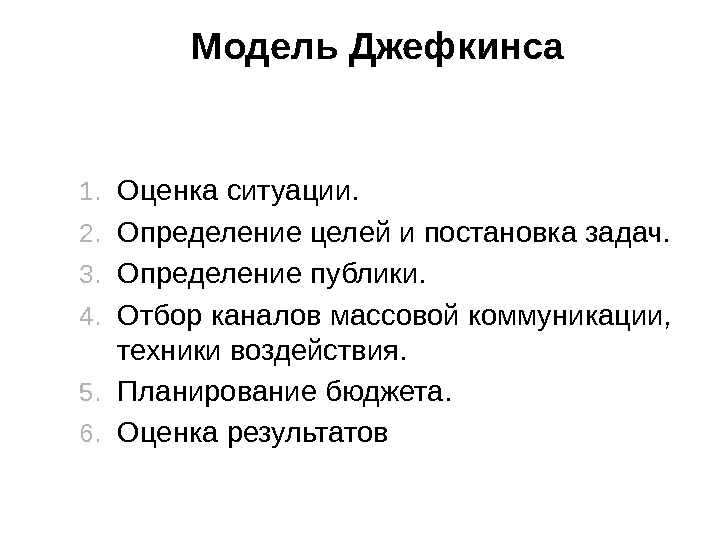 1. Оценка ситуации. 2. Определение целей и постановка задач.  3. Определение публики. 