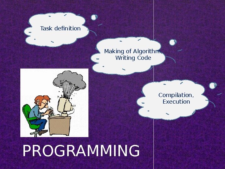 PROGRAMMING Task definition Making of Algorithm, Writing Code Compilation, Execution 