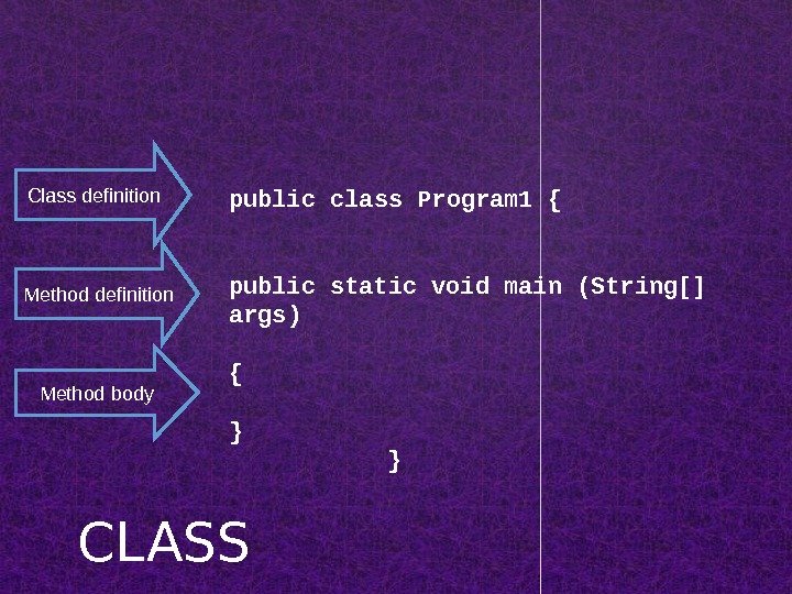 CLASSClass definition Method body public class Program 1 { public static void main (String[] args) {