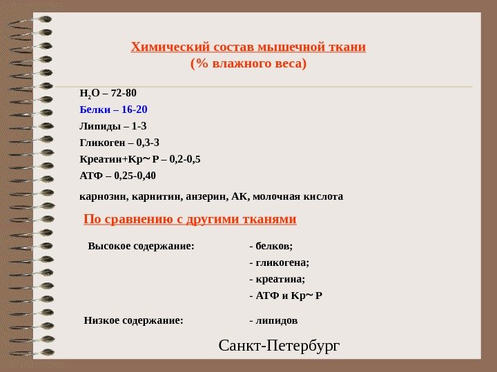  Санкт-Петербург. Химический состав мышечной ткани ( влажного веса) H 2 O – 72 -80 Белки