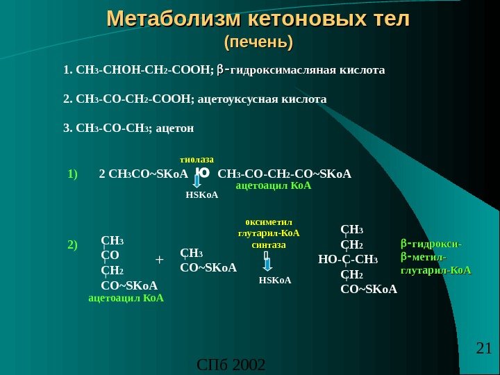 СПб 2002 21 Метаболизм кетоновых тел (печень) 1. СН 3 -СНОН-СН 2 -СООН; гидроксимасляная кислота 2.