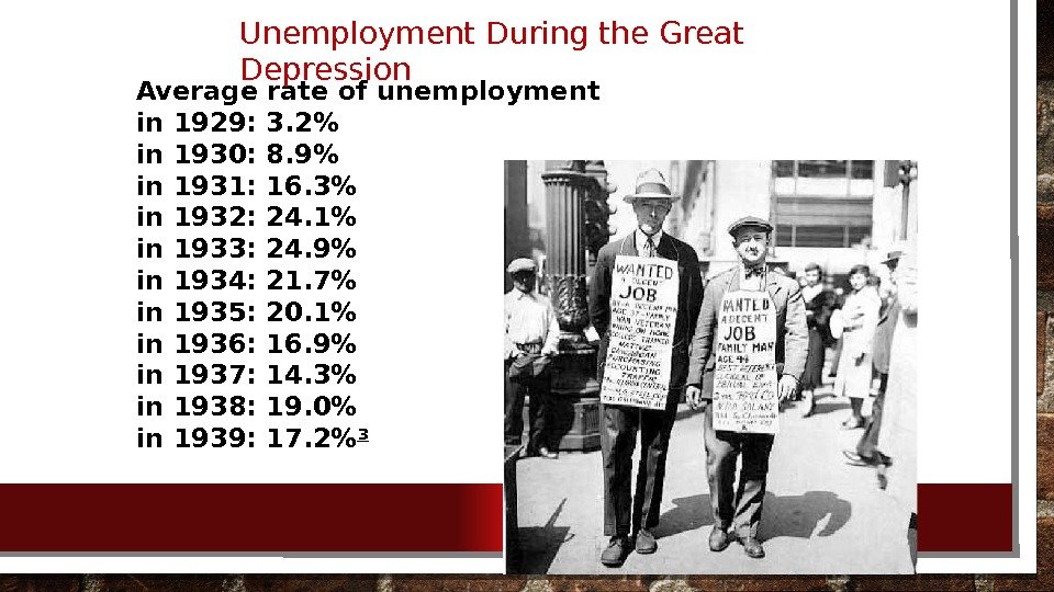 Average rate of unemployment in 1929: 3. 2 in 1930: 8. 9 in 1931: 16. 3