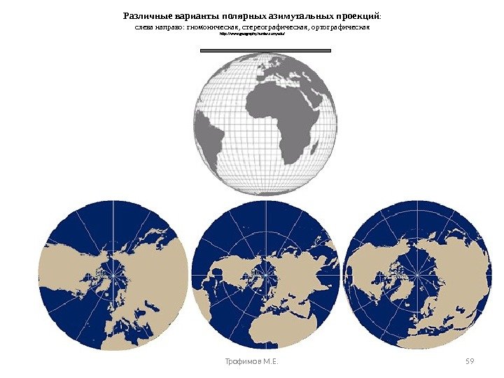 Различные варианты полярных азимутальных проекций : слева направо: гномоническая, стереографическая, ортографическая http: //www. geography. hunter. cuny.