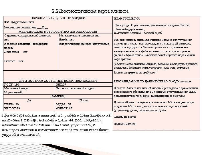 Диагностическая карта клиента в парикмахерской для окрашивания волос