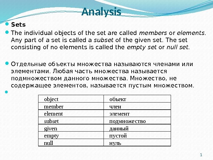 Analysis  Sets The individual objects of the set are called members or elements.  Any