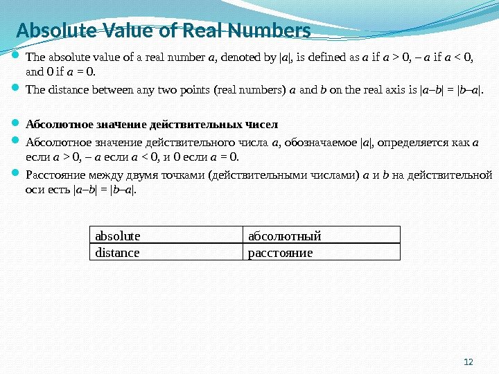 Absolute Value of Real Numbers  The absolute value of a real number a , denoted
